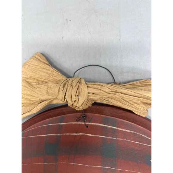 Christmas wood wall hanging bulb plaid Jesus heart signed round bow 12" READ - Picture 4 of 7